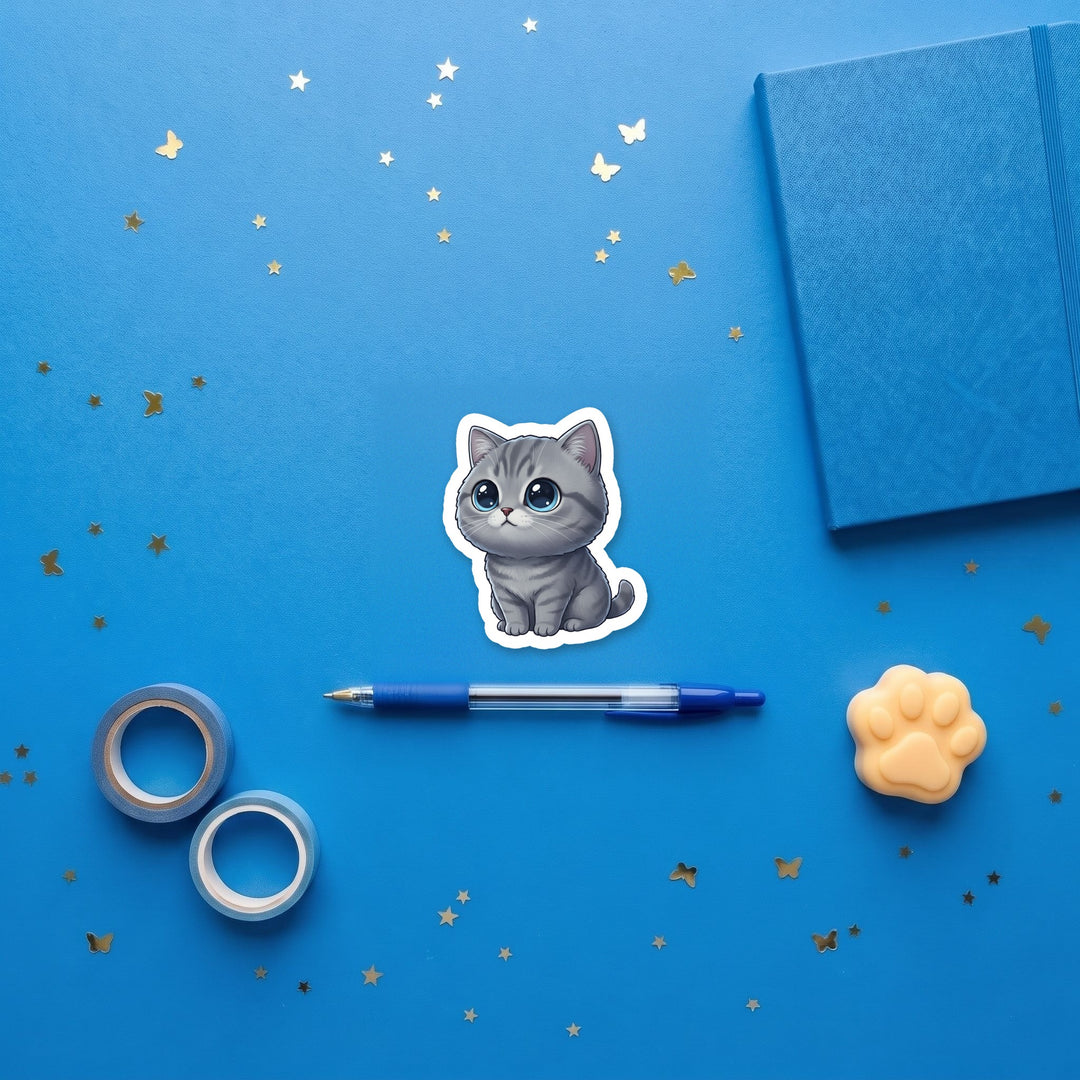 British Shorthair Blue kawaii 3 inch sticker flat lay with blue and yellow stationery – Designs by Mysh