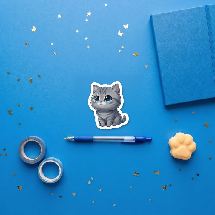 British Shorthair Blue kawaii 3 inch sticker flat lay with blue and yellow stationery – Designs by Mysh