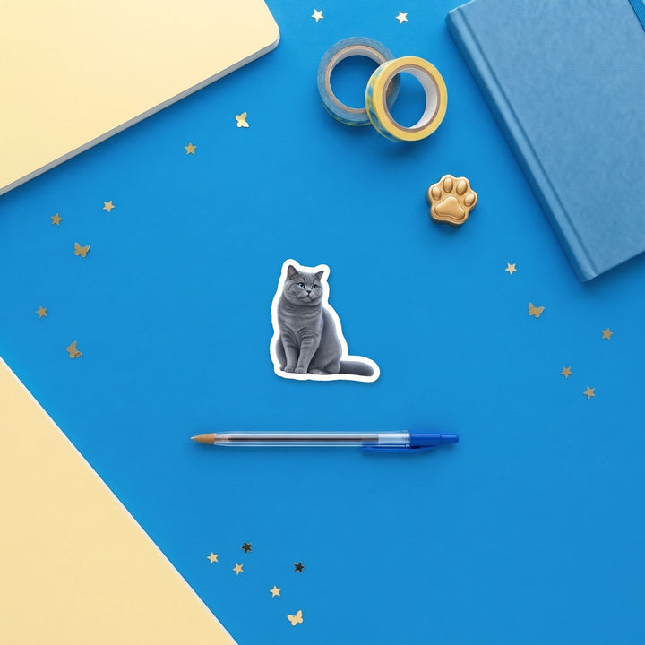 British Shorthair Blue watercolor 3 inch sticker flat lay with blue and yellow stationery – Designs by Mysh
