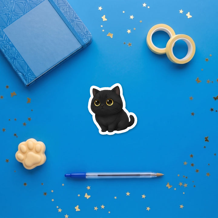 British Shorthair Black kawaii 3 inch sticker flat lay with blue and yellow stationery – Designs by Mysh