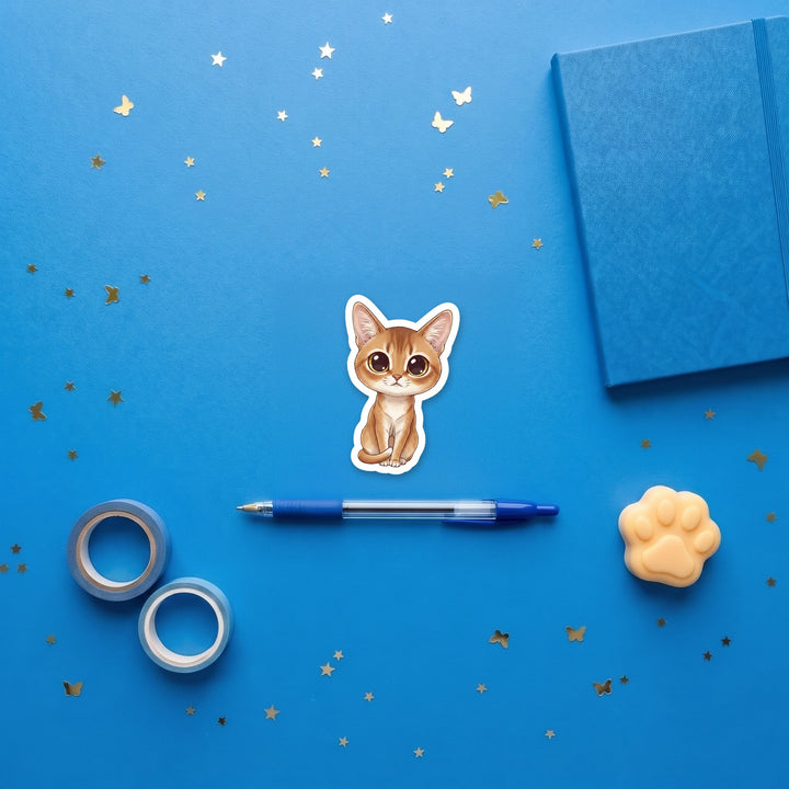 Burmese Champagne kawaii 3 inch sticker flat lay with blue and yellow stationery – Designs by Mysh