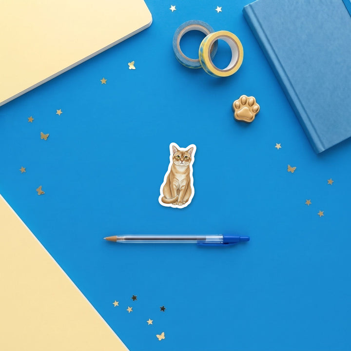 Burmese Champagne watercolor 3 inch sticker flat lay with blue and yellow stationery – Designs by Mysh
