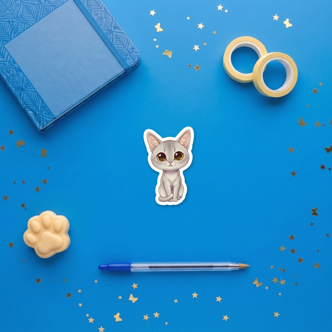 Burmese Platinum kawaii 3 inch sticker flat lay with blue and yellow stationery – Designs by Mysh