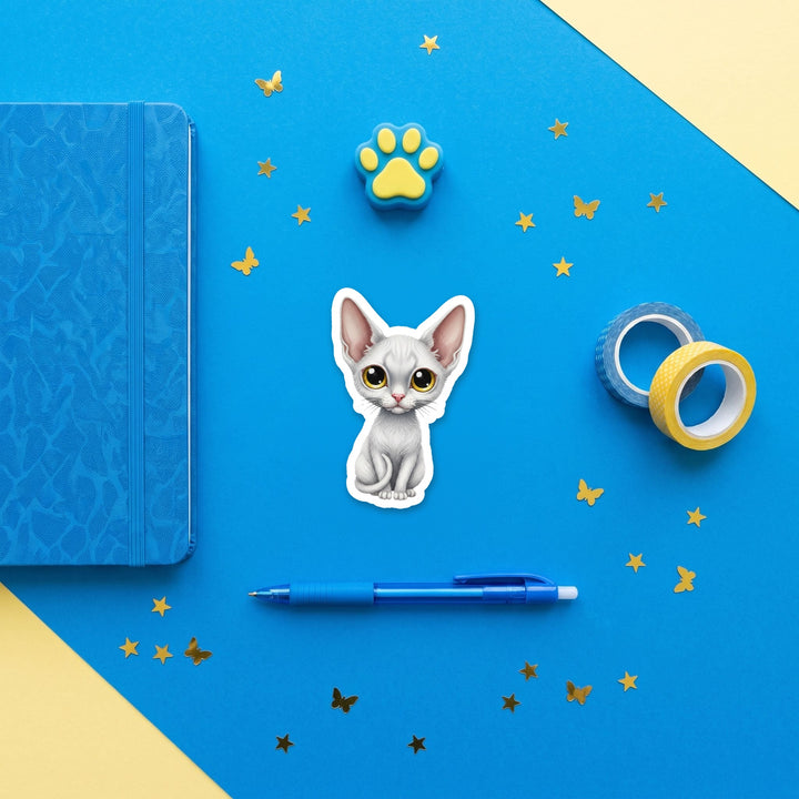 Cornish Rex White kawaii 3 inch sticker flat lay with blue and yellow stationery – Designs by Mysh