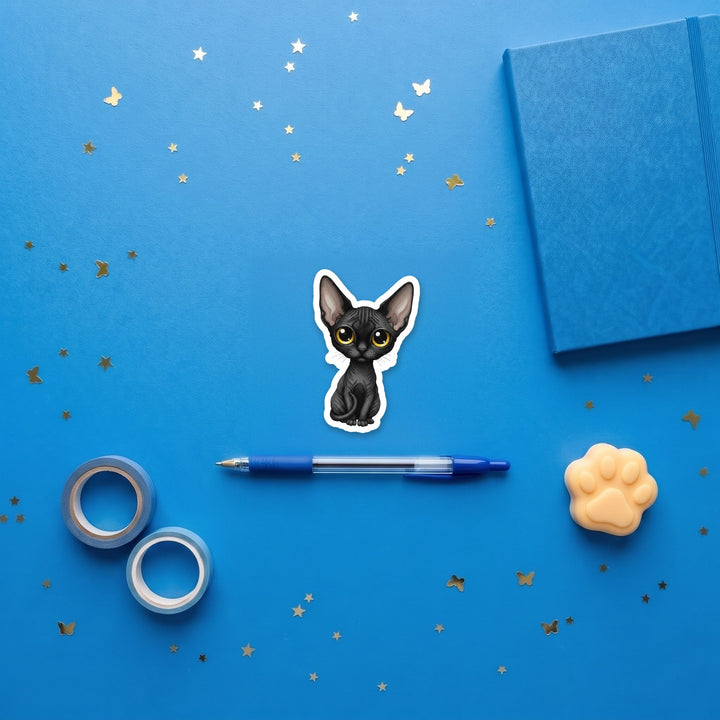 Cornish Rex Black kawaii 3 inch sticker flat lay with blue and yellow stationery – Designs by Mysh