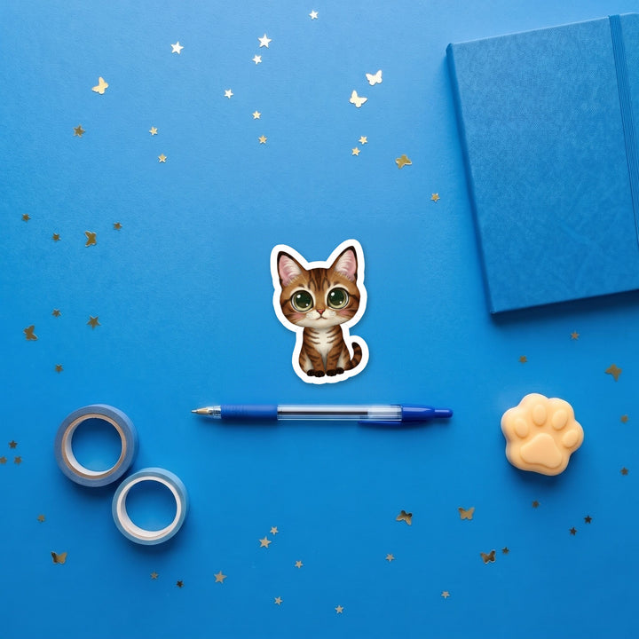 Egyptian Mau Bronze kawaii 3 inch sticker flat lay with blue and yellow stationery – Designs by Mysh