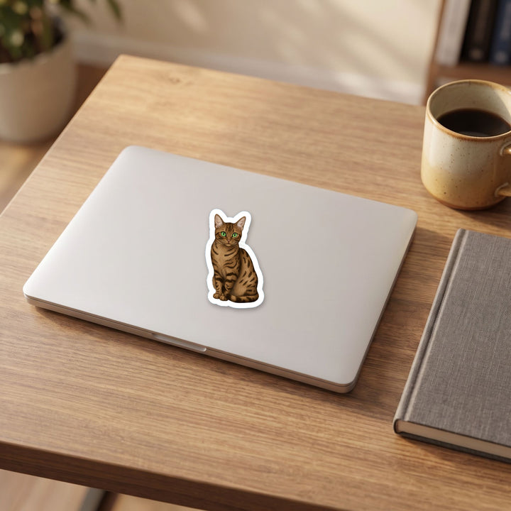 Egyptian Mau Bronze watercolor vinyl sticker on a laptop lid – Designs by Mysh