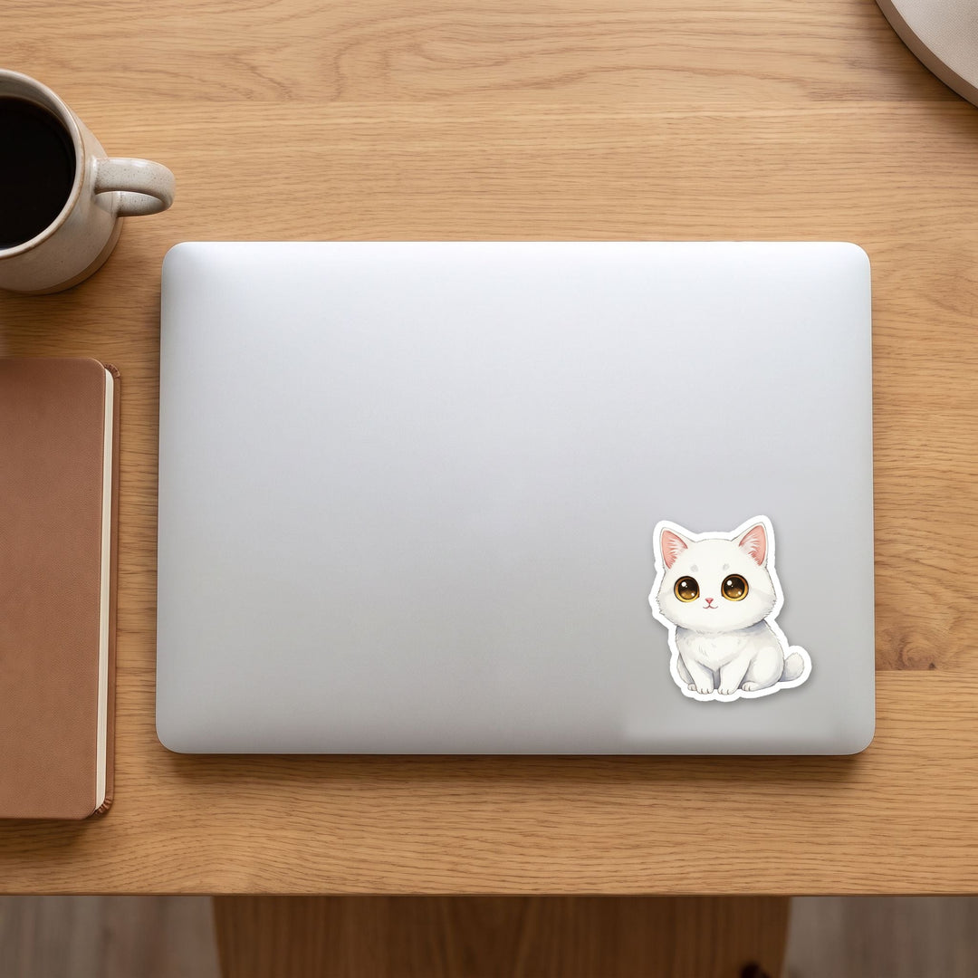 Manx White kawaii vinyl sticker on a laptop lid – Designs by Mysh