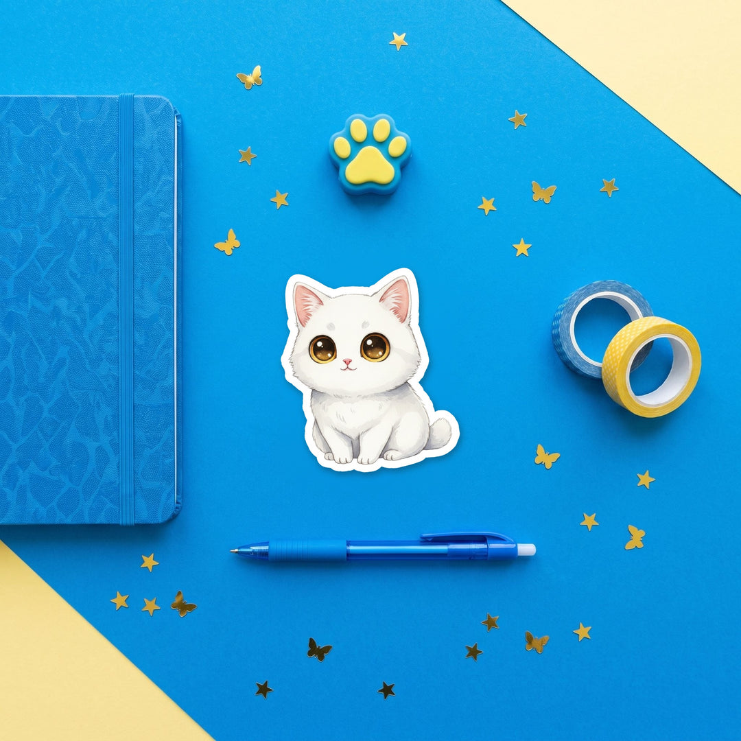 Manx White kawaii 3 inch sticker flat lay with blue and yellow stationery – Designs by Mysh