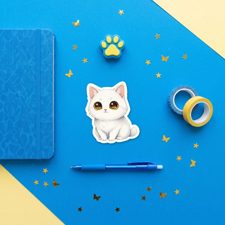 Manx White kawaii 3 inch sticker flat lay with blue and yellow stationery – Designs by Mysh