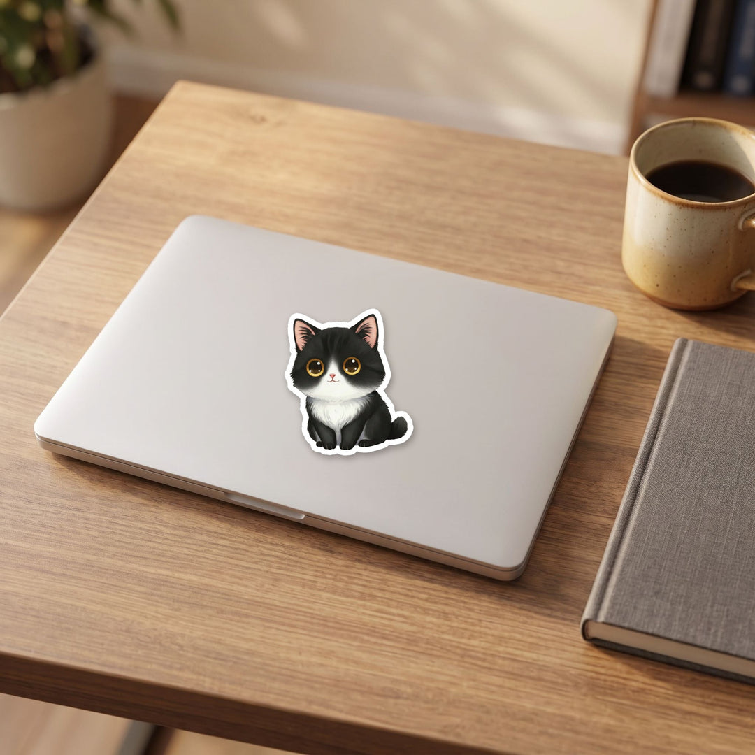 Manx Black and White kawaii vinyl sticker on a laptop lid – Designs by Mysh