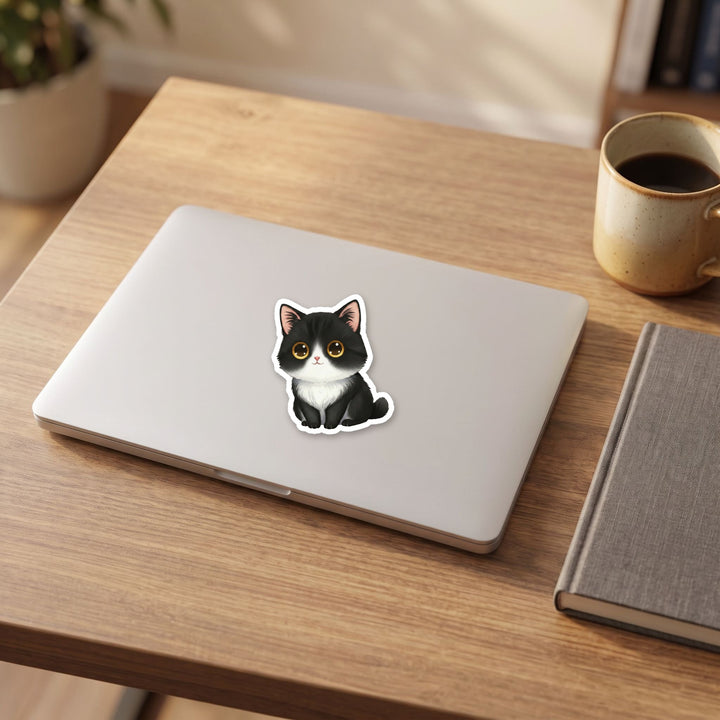 Manx Black and White kawaii vinyl sticker on a laptop lid – Designs by Mysh
