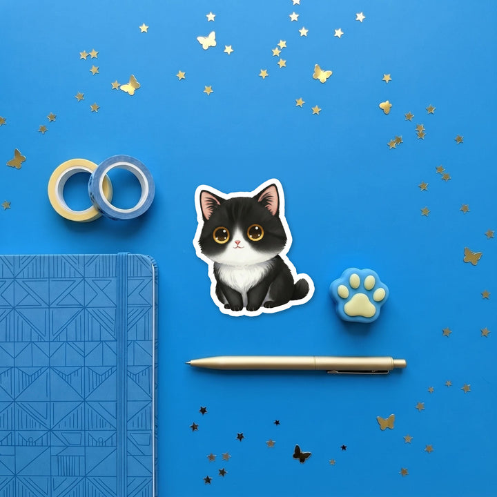Manx Black and White kawaii 3 inch sticker flat lay with blue and yellow stationery – Designs by Mysh