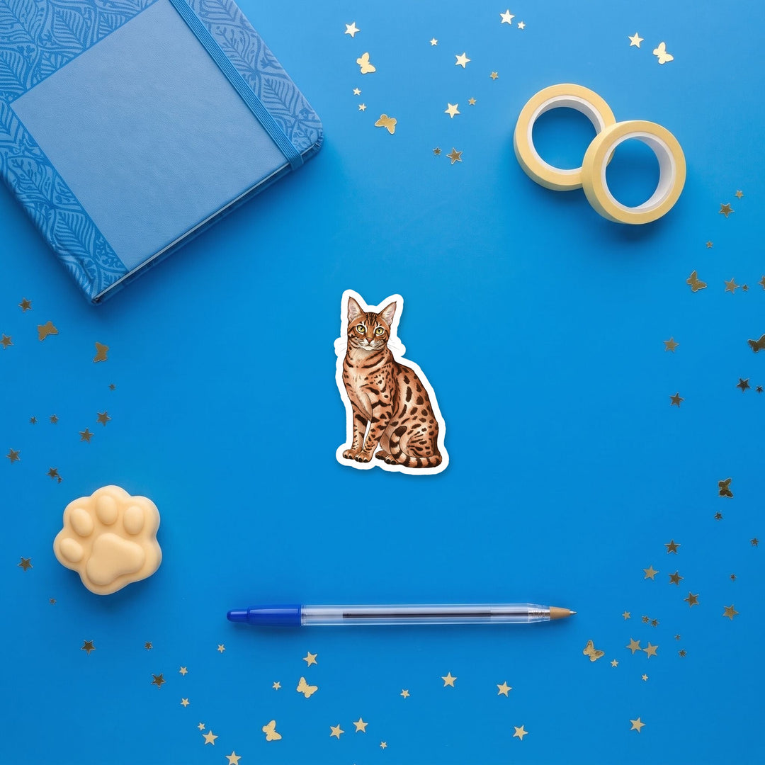 Ocicat Tawny watercolor 3 inch sticker flat lay with blue and yellow stationery – Designs by Mysh