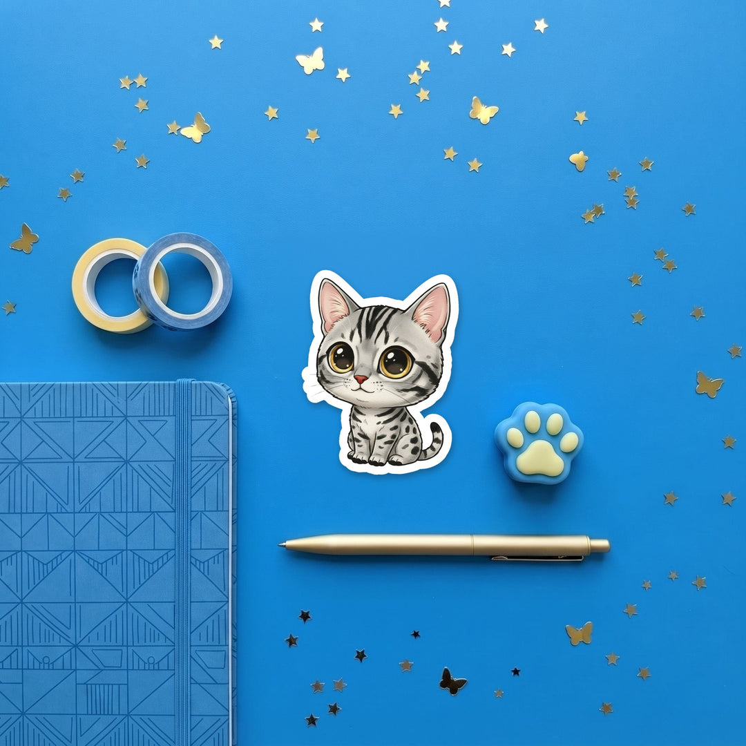 Ocicat Silver Spotted kawaii 3 inch sticker flat lay with blue and yellow stationery – Designs by Mysh