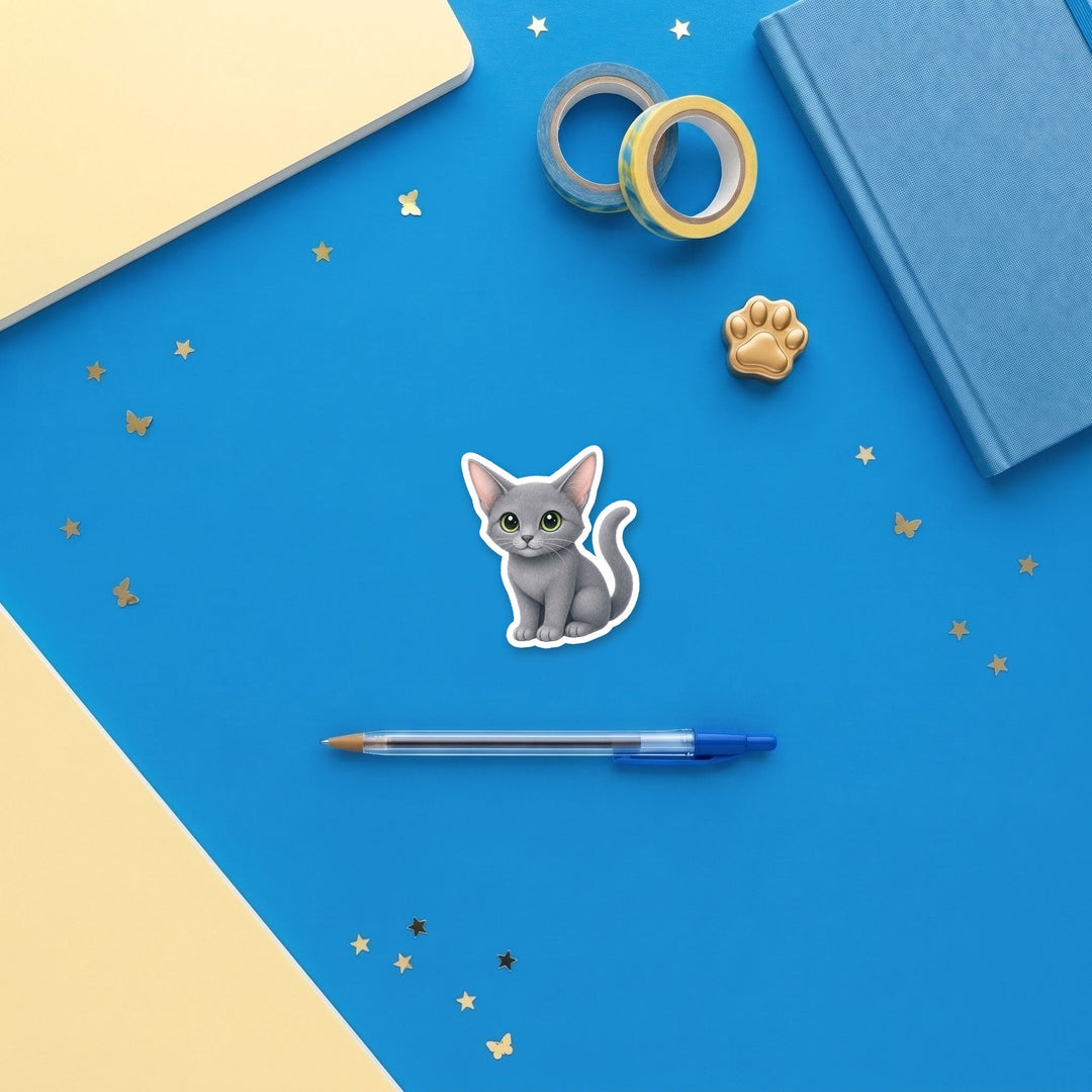 Russian Blue Silver Tips kawaii 3 inch sticker flat lay with blue and yellow stationery – Designs by Mysh