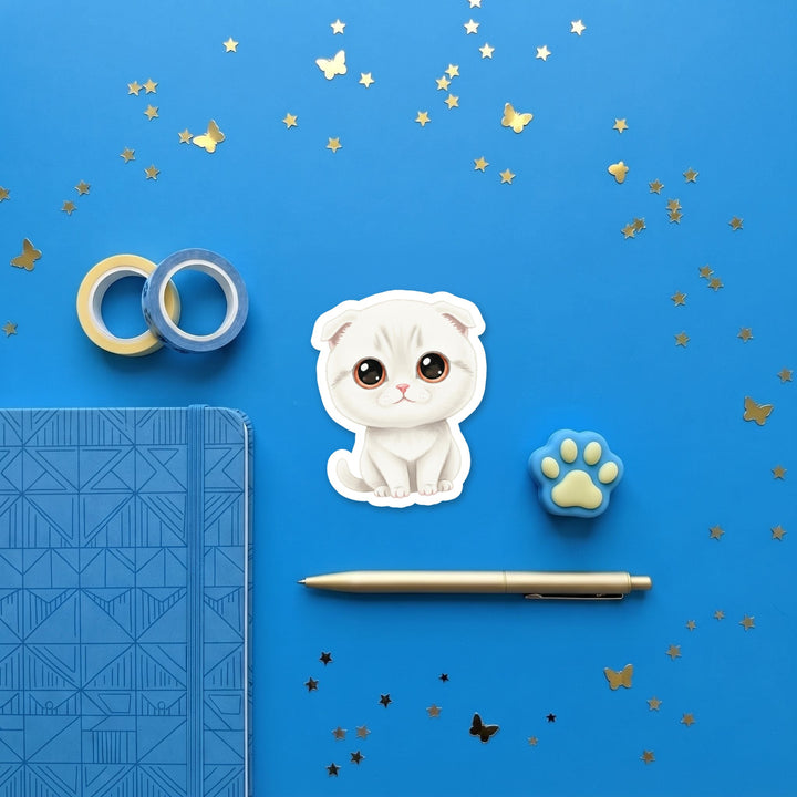 Scottish Fold White kawaii 3 inch sticker flat lay with blue and yellow stationery – Designs by Mysh