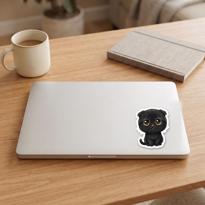 Scottish Fold Black kawaii vinyl sticker on a laptop lid – Designs by Mysh