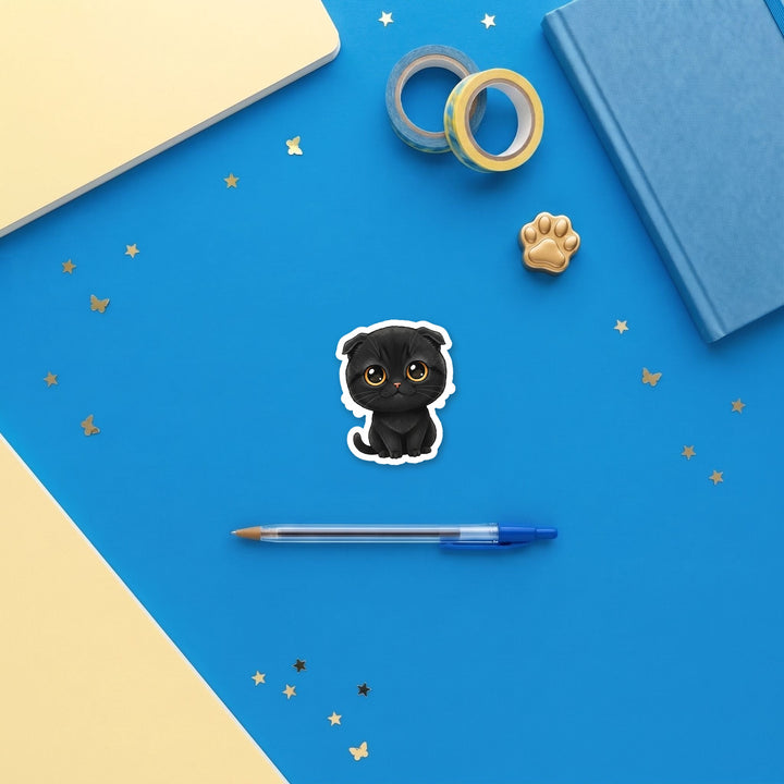 Scottish Fold Black kawaii 3 inch sticker flat lay with blue and yellow stationery – Designs by Mysh