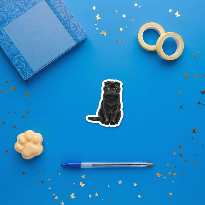 Scottish Fold Black watercolor 3 inch sticker flat lay with blue and yellow stationery – Designs by Mysh