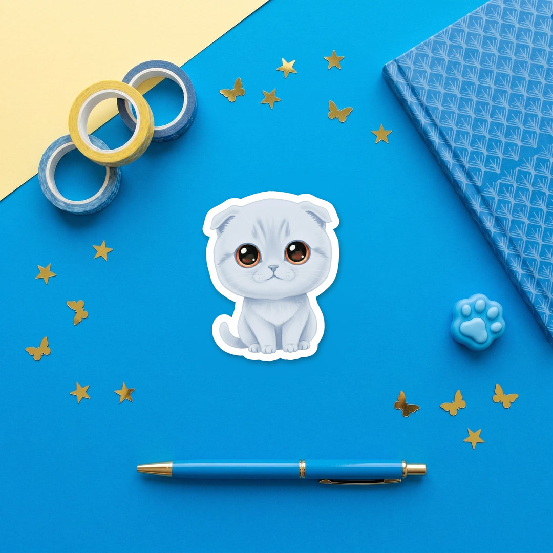 Scottish Fold Blue kawaii 3 inch sticker flat lay with blue and yellow stationery – Designs by Mysh