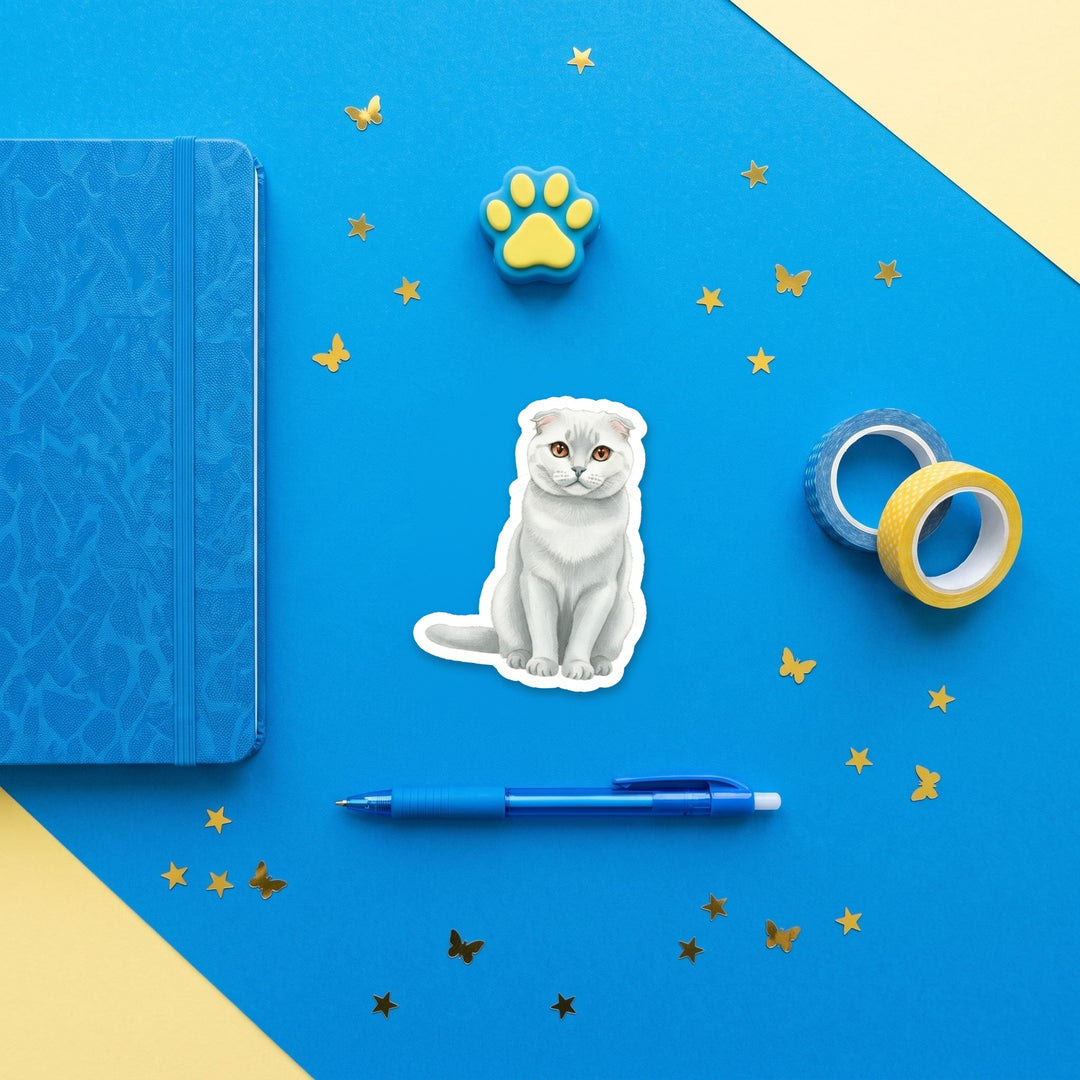 Scottish Fold Blue watercolor 3 inch sticker flat lay with blue and yellow stationery – Designs by Mysh