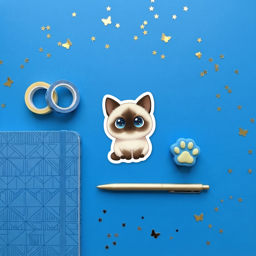 Siamese Seal Point kawaii 3 inch sticker flat lay with blue and yellow stationery – Designs by Mysh
