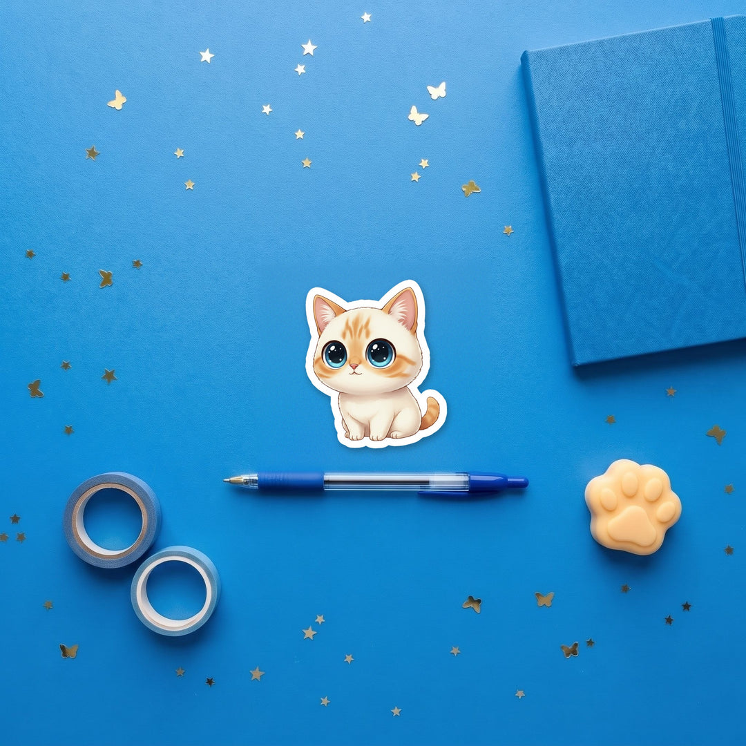 Siamese Flame Point kawaii 3 inch sticker flat lay with blue and yellow stationery – Designs by Mysh