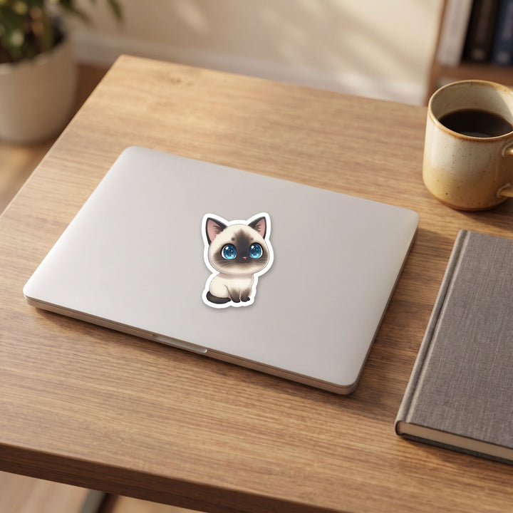 Siamese Blue Point kawaii vinyl sticker on a laptop lid – Designs by Mysh