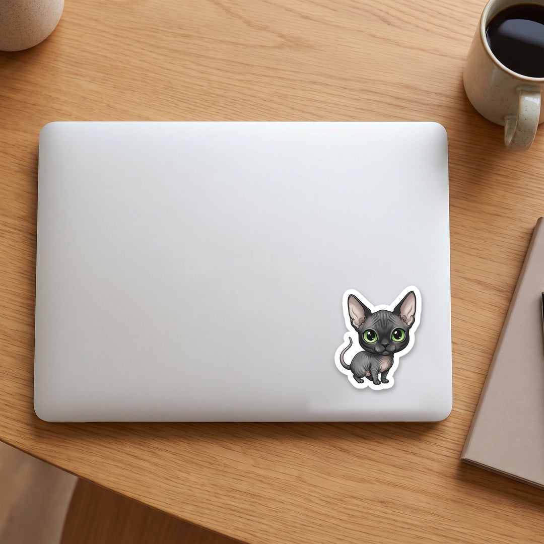 Sphynx Black Skin kawaii vinyl sticker on a laptop lid – Designs by Mysh