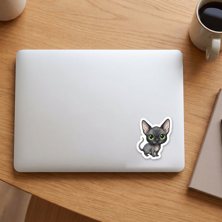 Sphynx Black Skin kawaii vinyl sticker on a laptop lid – Designs by Mysh
