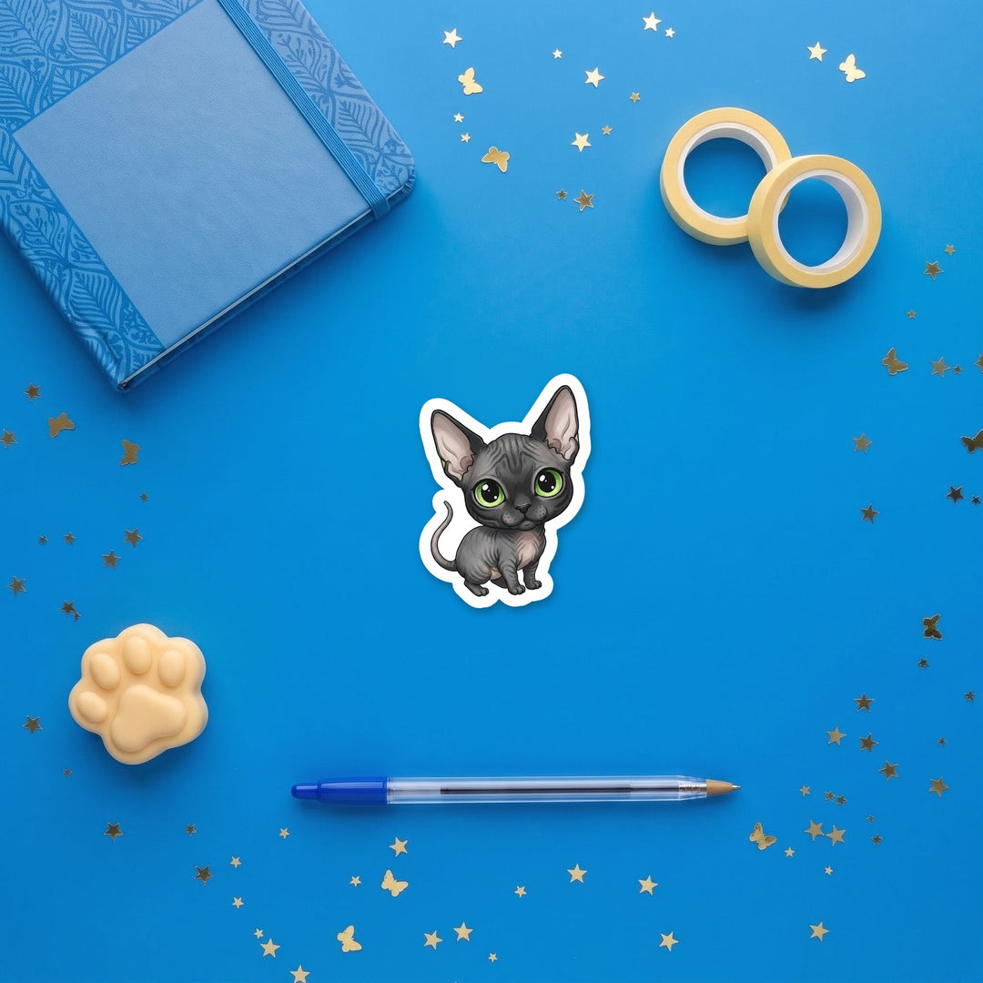 Sphynx Black Skin kawaii 3 inch sticker flat lay with blue and yellow stationery – Designs by Mysh