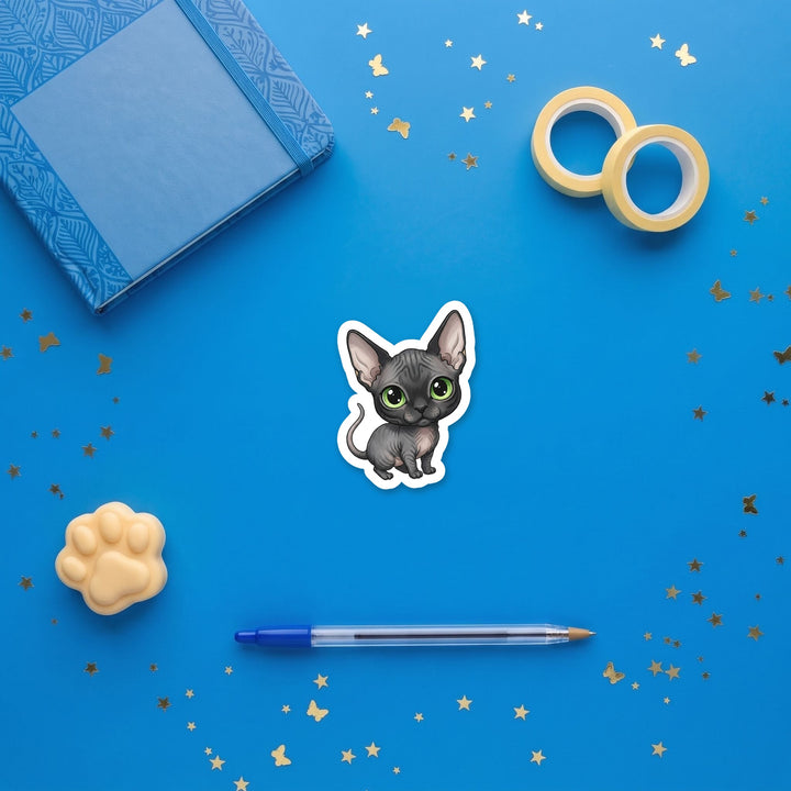Sphynx Black Skin kawaii 3 inch sticker flat lay with blue and yellow stationery – Designs by Mysh