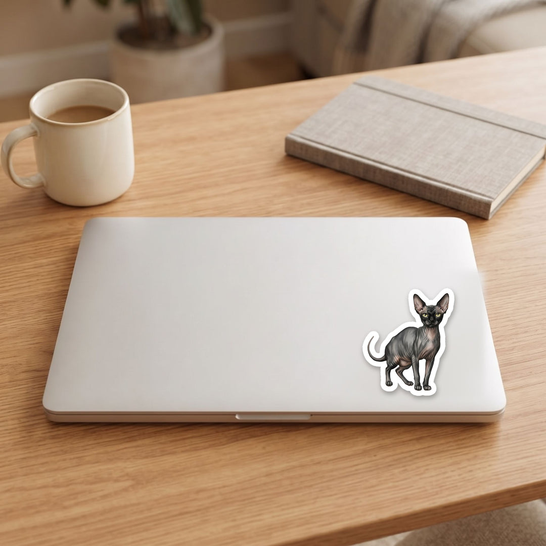 Sphynx Black Skin watercolor vinyl sticker on a laptop lid – Designs by Mysh