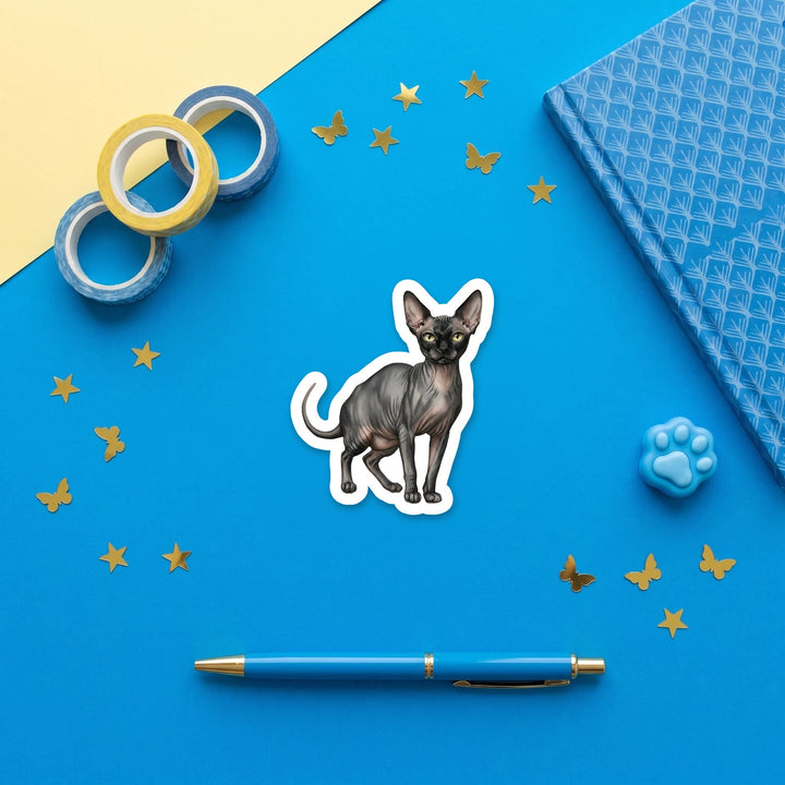 Sphynx Black Skin watercolor 3 inch sticker flat lay with blue and yellow stationery – Designs by Mysh