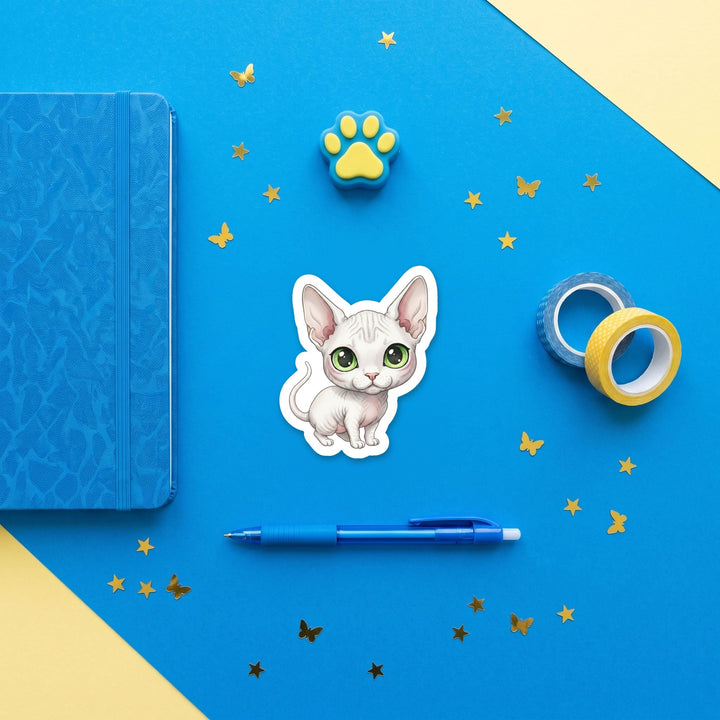 Sphynx White Pink Skin kawaii 3 inch sticker flat lay with blue and yellow stationery – Designs by Mysh