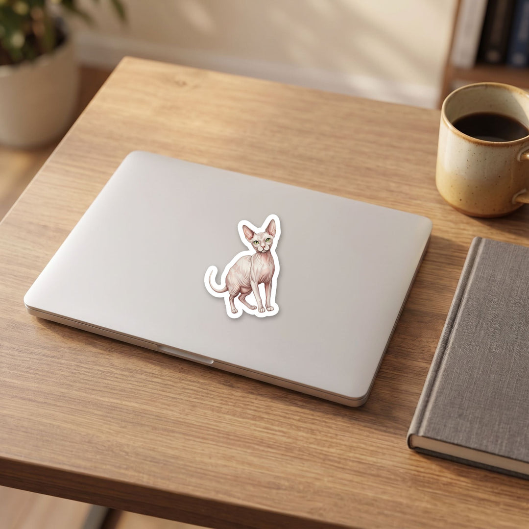 Sphynx White Pink Skin watercolor vinyl sticker on a laptop lid – Designs by Mysh