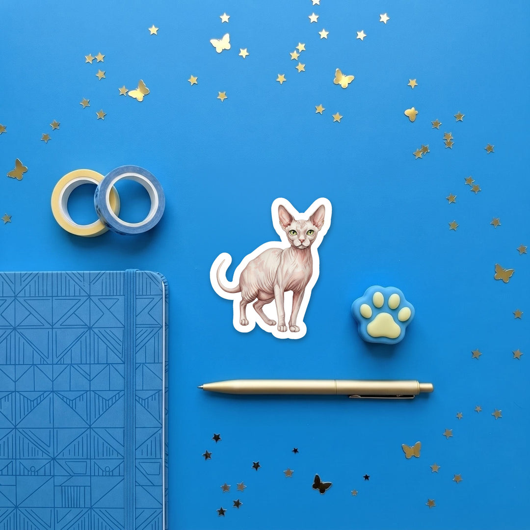 Sphynx White Pink Skin watercolor 3 inch sticker flat lay with blue and yellow stationery – Designs by Mysh