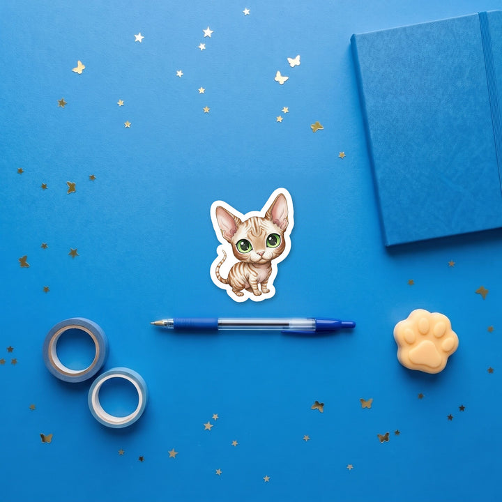 Sphynx Tabby kawaii 3 inch sticker flat lay with blue and yellow stationery – Designs by Mysh