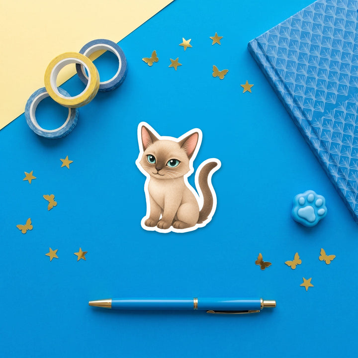 Tonkinese Champagne Mink kawaii 3 inch sticker flat lay with blue and yellow stationery – Designs by Mysh