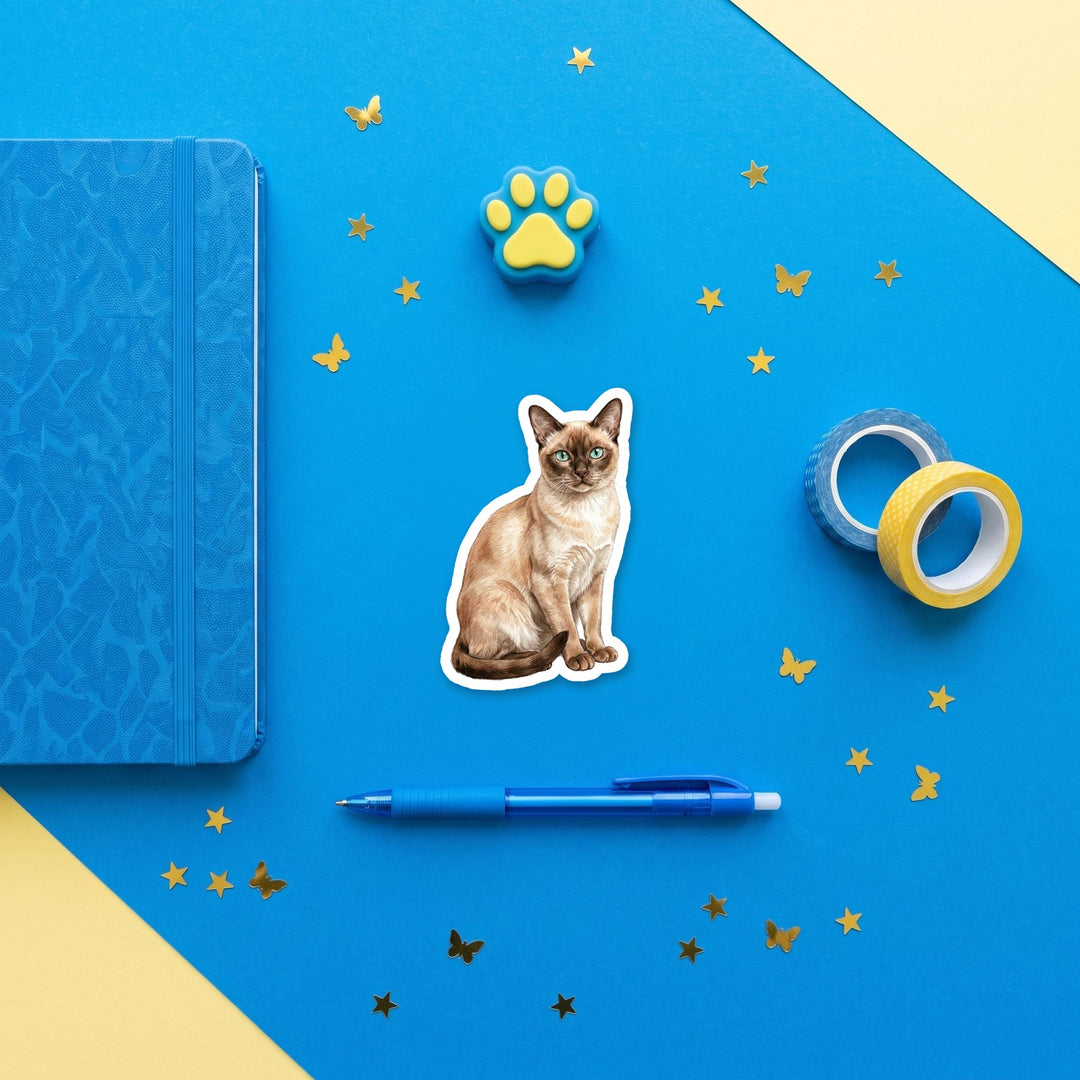 Tonkinese Champagne Mink watercolor 3 inch sticker flat lay with blue and yellow stationery – Designs by Mysh