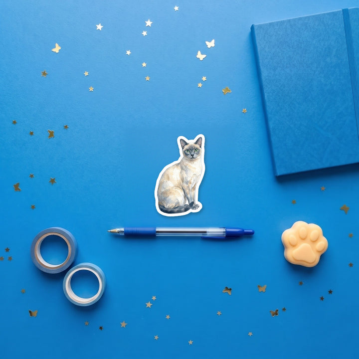 Tonkinese Blue Mink watercolor 3 inch sticker flat lay with blue and yellow stationery – Designs by Mysh