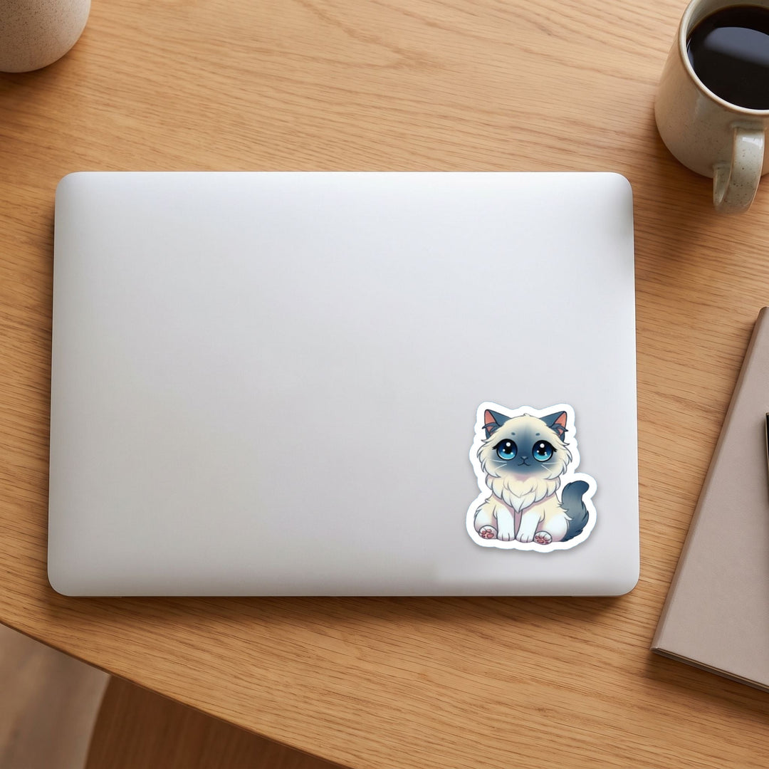 Birman Blue Point kawaii vinyl sticker on a laptop lid – Designs by Mysh