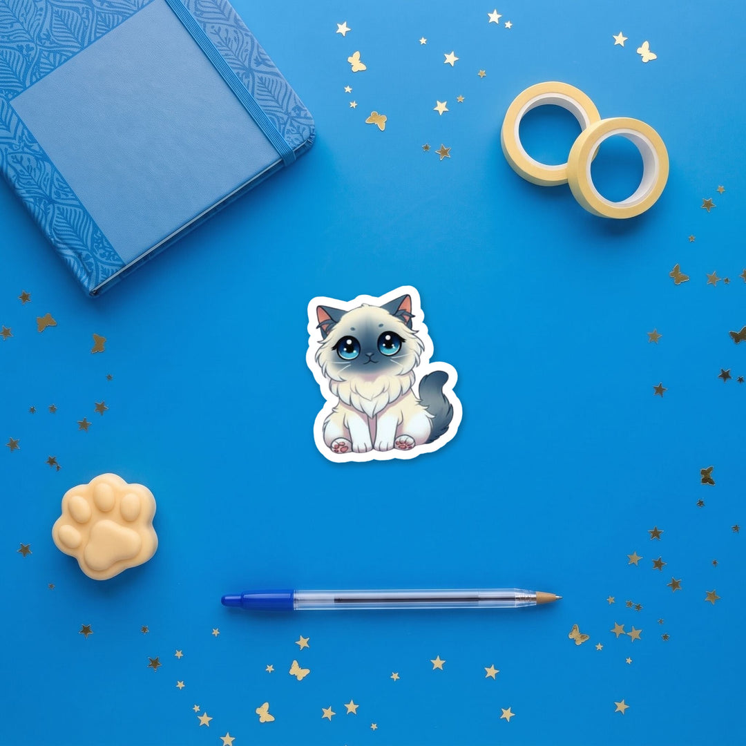 Birman Blue Point kawaii 3 inch sticker flat lay with blue and yellow stationery – Designs by Mysh
