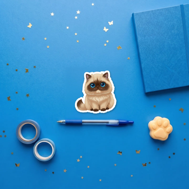 Himalayan Seal Point kawaii 3 inch sticker flat lay with blue and yellow stationery – Designs by Mysh