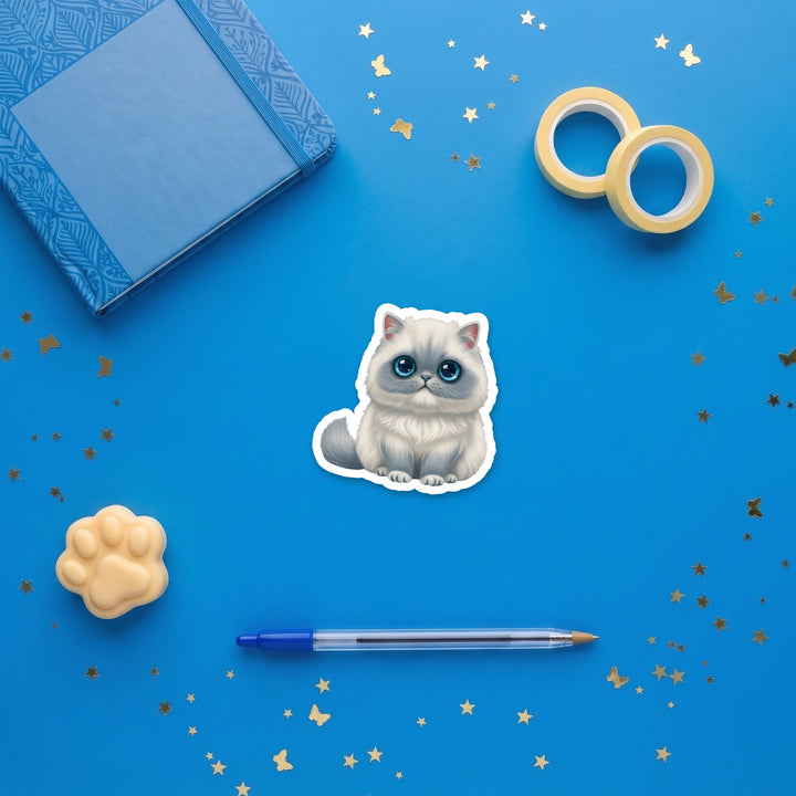 Himalayan Blue Point kawaii 3 inch sticker flat lay with blue and yellow stationery – Designs by Mysh