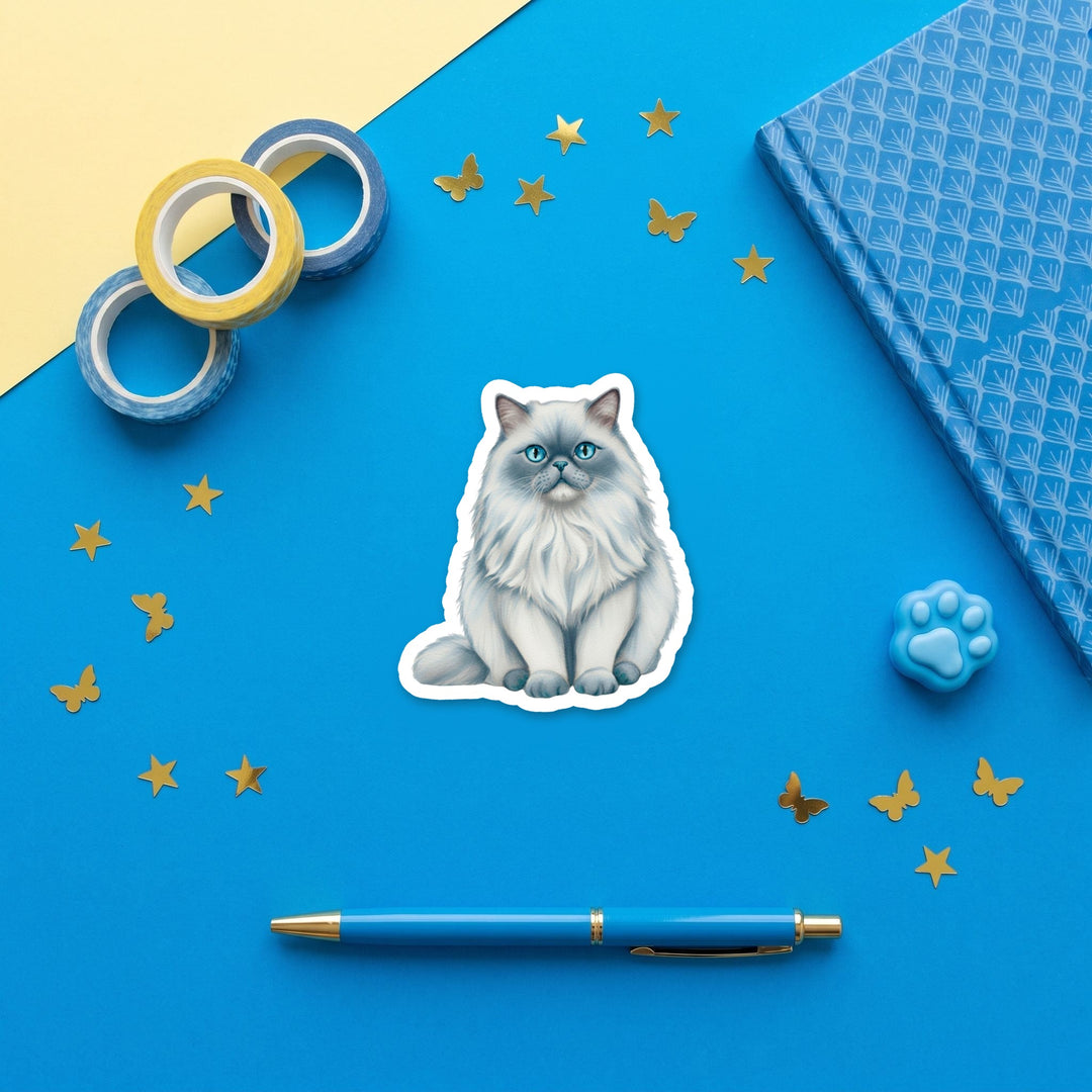 Himalayan Blue Point watercolor 3 inch sticker flat lay with blue and yellow stationery – Designs by Mysh