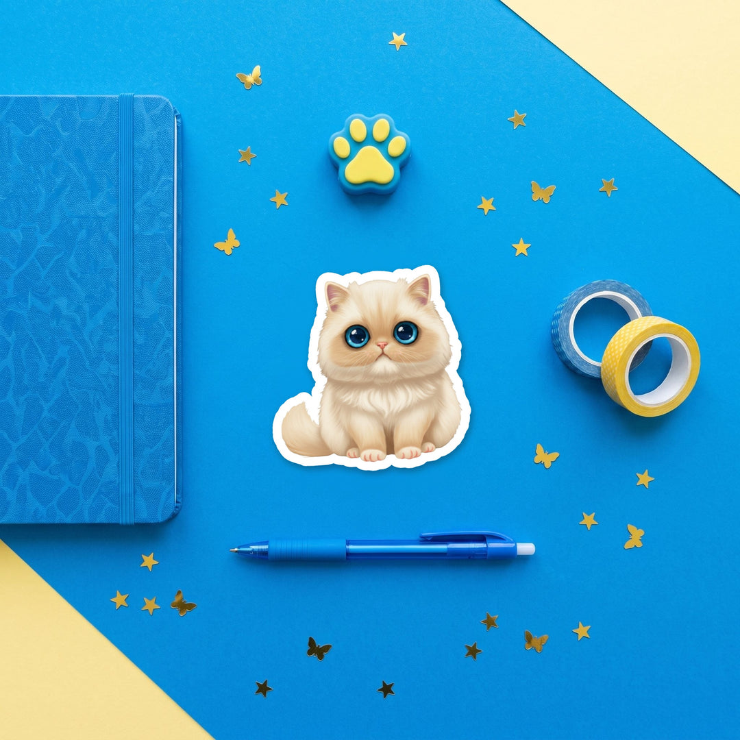 Himalayan Cream Point kawaii 3 inch sticker flat lay with blue and yellow stationery – Designs by Mysh