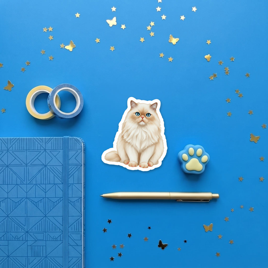Himalayan Cream Point watercolor 3 inch sticker flat lay with blue and yellow stationery – Designs by Mysh