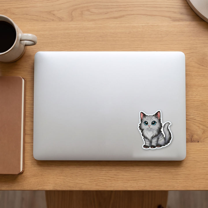 Maine Coon Silver Tabby kawaii vinyl sticker on a laptop lid – Designs by Mysh